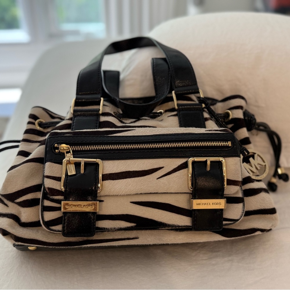 Michael Kors Zebra Stripe Satchel in Black and Cream